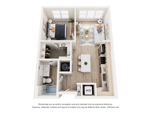 Floor plan for 1 bed, 1 bath, 648 sqft